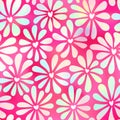 Vector groovy style chamomile seamless pattern. Holographic rainbow gradient flowers with a heart shaped core on pink