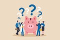 Vector of a group of people of different occupations standing next to a piggy bank thinking about their financial future and