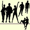 7 Vector group of people silhouettes, tourists travelers. Women waving a friendly hand, two figures of a man of sports build, tall