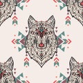 Vector grunge colorful seamless pattern with tribal style wolf with ethnic ornaments