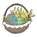 Vector grunge illustration of Easter basket with painted eggs and flowers. Colorful cartoon clipart of a round wicker basket with