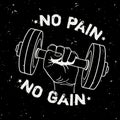 Vector grunge illustration of hand with dumbbell and motivational phrase `No pain no gain`. Royalty Free Stock Photo