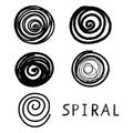 Vector grunge organic ink textured spiral elements set . Abstract swirl motion brush stroke.