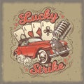 Vector grunge vintage illustration, poster with four card aces, retro car and old microphone. Royalty Free Stock Photo