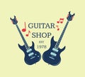 Vector guitar shop logo, emblem with musical notes Royalty Free Stock Photo