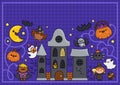 Vector Halloween background with cute haunted house, bat, witch, vampire. Funny autumn holiday card, activity book cover with Royalty Free Stock Photo