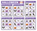 Vector Halloween bingo cards set. Fun family lotto board game with cute witch, lantern, vampire for kids. Autumn Fall holiday