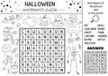 Vector Halloween black and white wordsearch puzzle for kids. Simple crossword or coloring page with haunted house and scary things