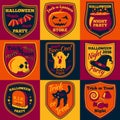 Vector Halloween bright labels set with - ghost, witch hat, skull, cat, pumpkin, cauldron etc. Royalty Free Stock Photo