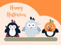 Halloween card template with stylized penguin characters. Modern flat illustration. Royalty Free Stock Photo
