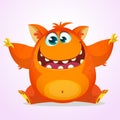 Vector Halloween cartoon of an orange fat and fluffy Halloween monster. Cute monster with big ears smiling and waving