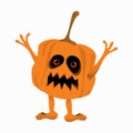 Vector Halloween cartoon of pumpkin monster with arms, hands, and legs on white background, pumpkin monster is yelling, raised