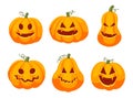 Vector halloween cartoon pumpkins scary faces set. Collection of orange jack-o-lanterns isolated on white background Royalty Free Stock Photo