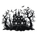 vector halloween castle landscape. black castle sillhouette. castle sillhouette with birds and trees vector illustration