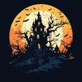 vector halloween castle landscape. black castle sillhouette. castle sillhouette with birds and trees vector illustration