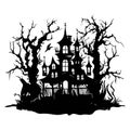 vector halloween castle landscape. black castle sillhouette. castle sillhouette with birds and trees vector illustration