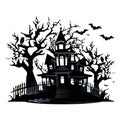 vector halloween castle landscape. black castle sillhouette. castle sillhouette with birds and trees vector illustration