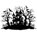 vector halloween castle landscape. black castle sillhouette. castle sillhouette with birds and trees vector illustration