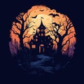 vector halloween castle landscape. black castle sillhouette. castle sillhouette with birds and trees vector illustration