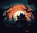 vector halloween castle . scary trees around house. creepy sihouettes vector illustration on grey and orange background Royalty Free Stock Photo