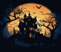 vector halloween castle . scary trees around house. creepy sihouettes vector illustration on grey and orange background Royalty Free Stock Photo