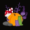Vector Halloween collage. Pumpkin and mushrooms toadstool and amanita and ritual candles and branches on a black background.