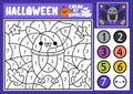 Vector Halloween color by number activity with cute kawaii bat. Autumn scary holiday scene. Black and white counting game with