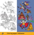 Vector halloween coloring and colored example witch and vampire