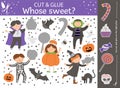 Vector Halloween cut and glue activity. Autumn educational crafting game with cute children in scary costumes and trick or treat