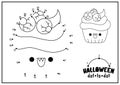 Vector Halloween dot-to-dot and color activity with cute kawaii cupcake with eyes. Autumn holiday connect the dots game for Royalty Free Stock Photo