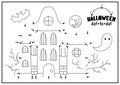 Vector Halloween dot-to-dot and color activity with cute kawaii haunted house. Autumn holiday connect the dots game for children. Royalty Free Stock Photo