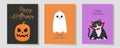 Vector Halloween greeting card, flyer, banner, poster templates with cute characters. Printable greeting cards illustration. Royalty Free Stock Photo