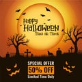 Vector Halloween greeting cards or sale banner with full moon gravestones and two trees on a graveyard and traditional symbols. Go