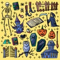 Vector Halloween hand drawn doodle objects set with skeleton, book, witch shoes and wooden fence illustration Royalty Free Stock Photo