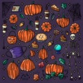 Vector Halloween hand drawn doodle objects set with skeleton, pumpkins, coffee, maple leaves, mask and pie and acorn illustration