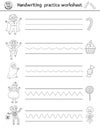 Vector Halloween handwriting practice worksheet. Printable black and white activity for pre-school children. Educational game for