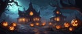 vector halloween haunted old graveyard lit by the glow of the full moon Royalty Free Stock Photo