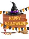 Vector happy halloween poster witch hat, broom