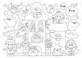 Vector Halloween horizontal line coloring page for kids with cute kawaii characters. Black and white autumn holiday illustration Royalty Free Stock Photo