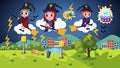 Vector Halloween Illustration Cute Cartoon Witches