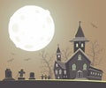 Vector halloween illustration of haunted house, cemetery, bats, Royalty Free Stock Photo