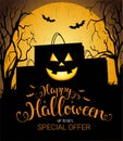 Vector Halloween illustration with smiling shopping bag and lettering. Sale banner.Happy Halloween illustration Royalty Free Stock Photo