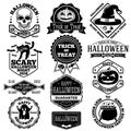 Vector Halloween labels, badges set. With kcull, pumpkin, cat, bats, ghost, candies etc. Royalty Free Stock Photo