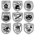 Vector Halloween labels set. With pumpkin, skull, ghost, cauldron, bat, witch hat, cat etc. Royalty Free Stock Photo