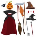 Vector Halloween magic equipment and clothes set. Hat, raincoat, trident and others.