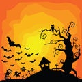 Vector Halloween orange background with many flying bats, old house, ghosts, tombs, owl, tree. Royalty Free Stock Photo