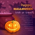 Vector Halloween party illustration with witch cauldron boiling the potion, scary pumpkin and bubbles on purple background