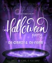 Vector halloween party invitation poster with hand lettering label - halloween - with boiling witch cauldron on Royalty Free Stock Photo