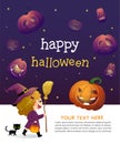 Halloween party invitation template card with little girl witch and black cat