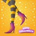 Vector cartoon halloween party poster with women witch legs and vintage ribbon with text happy halloween on orange Royalty Free Stock Photo